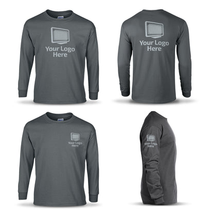 Dark gray long sleeve crewneck T-shirt shown from front, back, side, and angle views, featuring a centered "Your Logo Here" design with a monitor icon printed in multiple placements.
