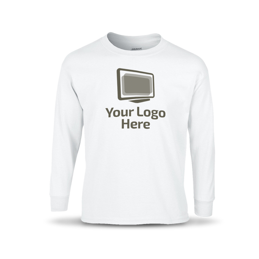 White long sleeve crewneck T-shirt featuring a centered graphic of a computer monitor above the text “Your Logo Here.”