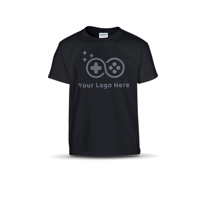 Black short-sleeve T-shirt featuring a custom game controller logo and "Your Logo Here" text on the front.