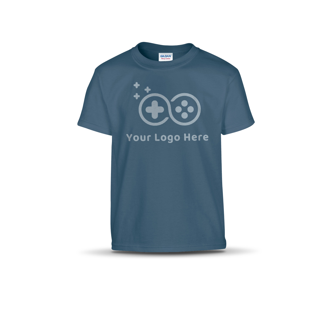 Indigo blue short-sleeve T-shirt featuring a custom game controller logo and "Your Logo Here" text on the front.