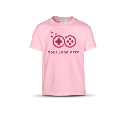 Light pink short-sleeve T-shirt featuring a custom game controller logo and "Your Logo Here" text on the front.