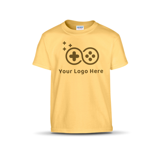 Youth yellow short-sleeve T-shirt featuring a custom game controller logo and "Your Logo Here" text on the front.