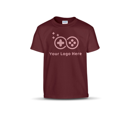 Maroon short-sleeve T-shirt featuring a custom game controller logo and "Your Logo Here" text on the front.