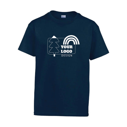 Navy short-sleeve T-shirt featuring a custom game controller logo and "Your Logo Here" text on the front.
