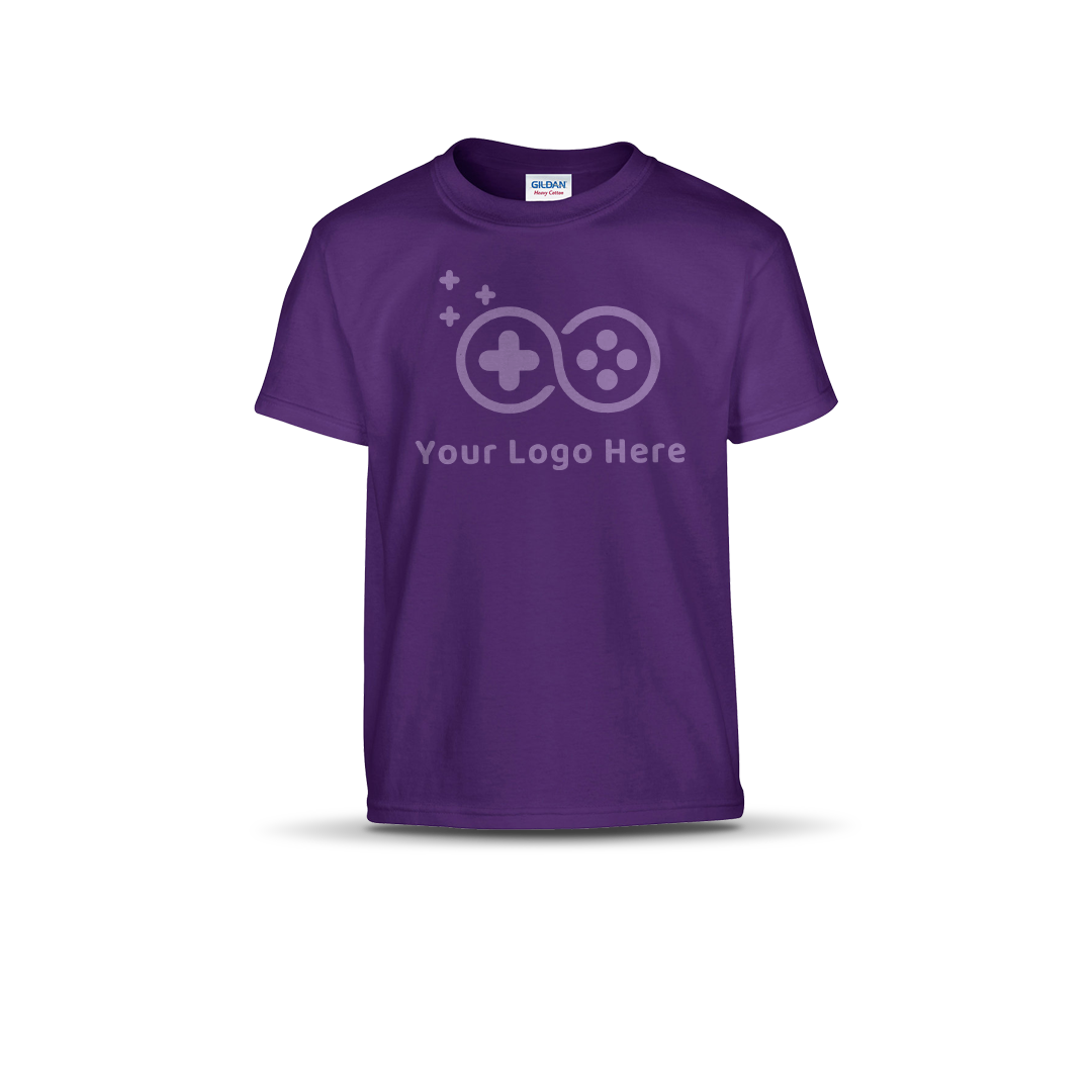 Purple short-sleeve T-shirt featuring a custom game controller logo and "Your Logo Here" text on the front.