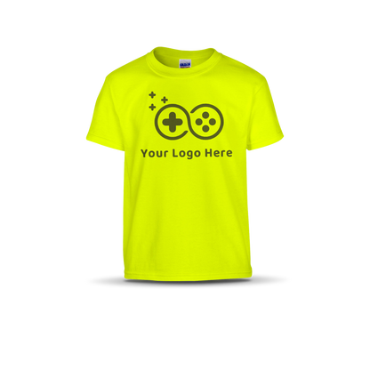 Safety green short-sleeve T-shirt featuring a custom game controller logo and "Your Logo Here" text on the front.