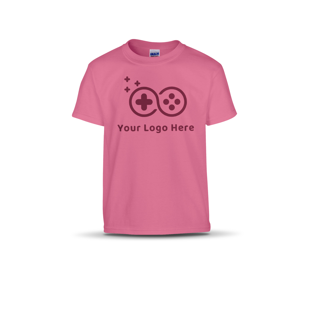 Safety pink short-sleeve T-shirt featuring a custom game controller logo and "Your Logo Here" text on the front.