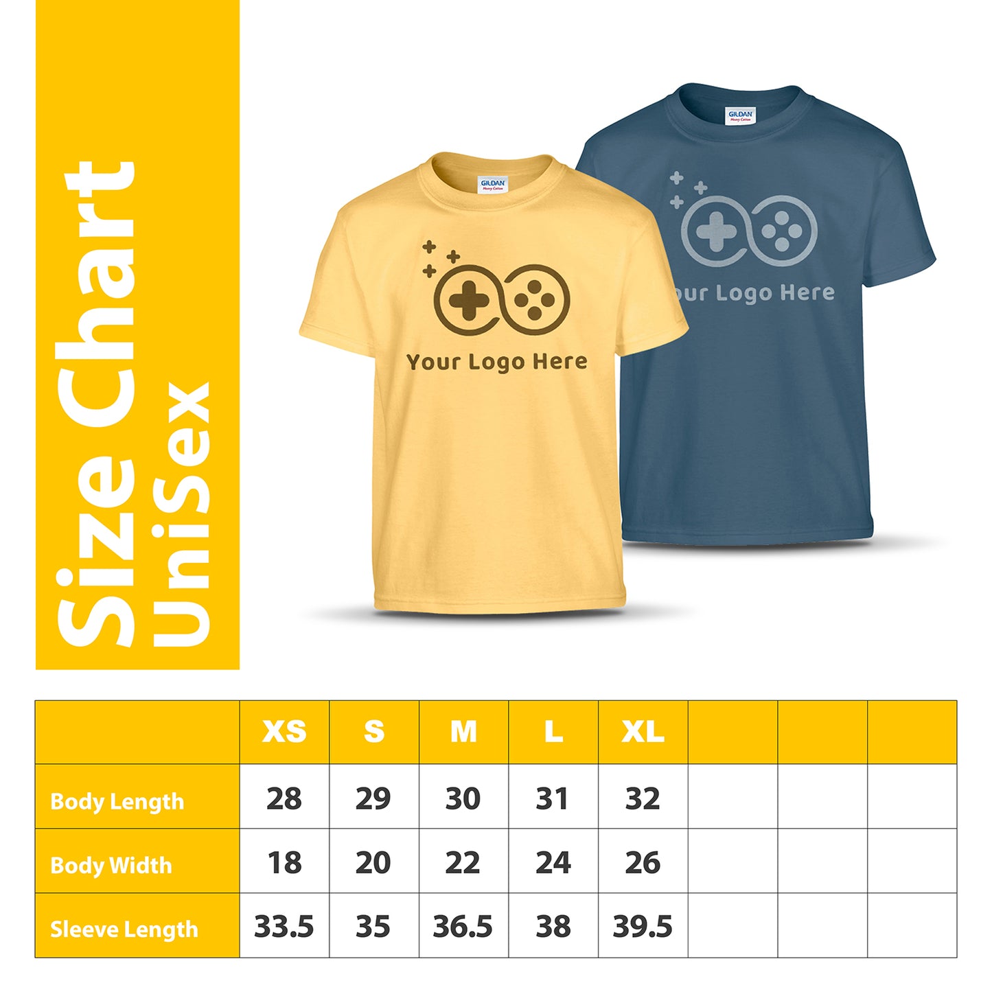 Unisex youth T-shirt size chart featuring yellow and blue tees with a game controller logo, available in XS to XL with detailed body and sleeve measurements.