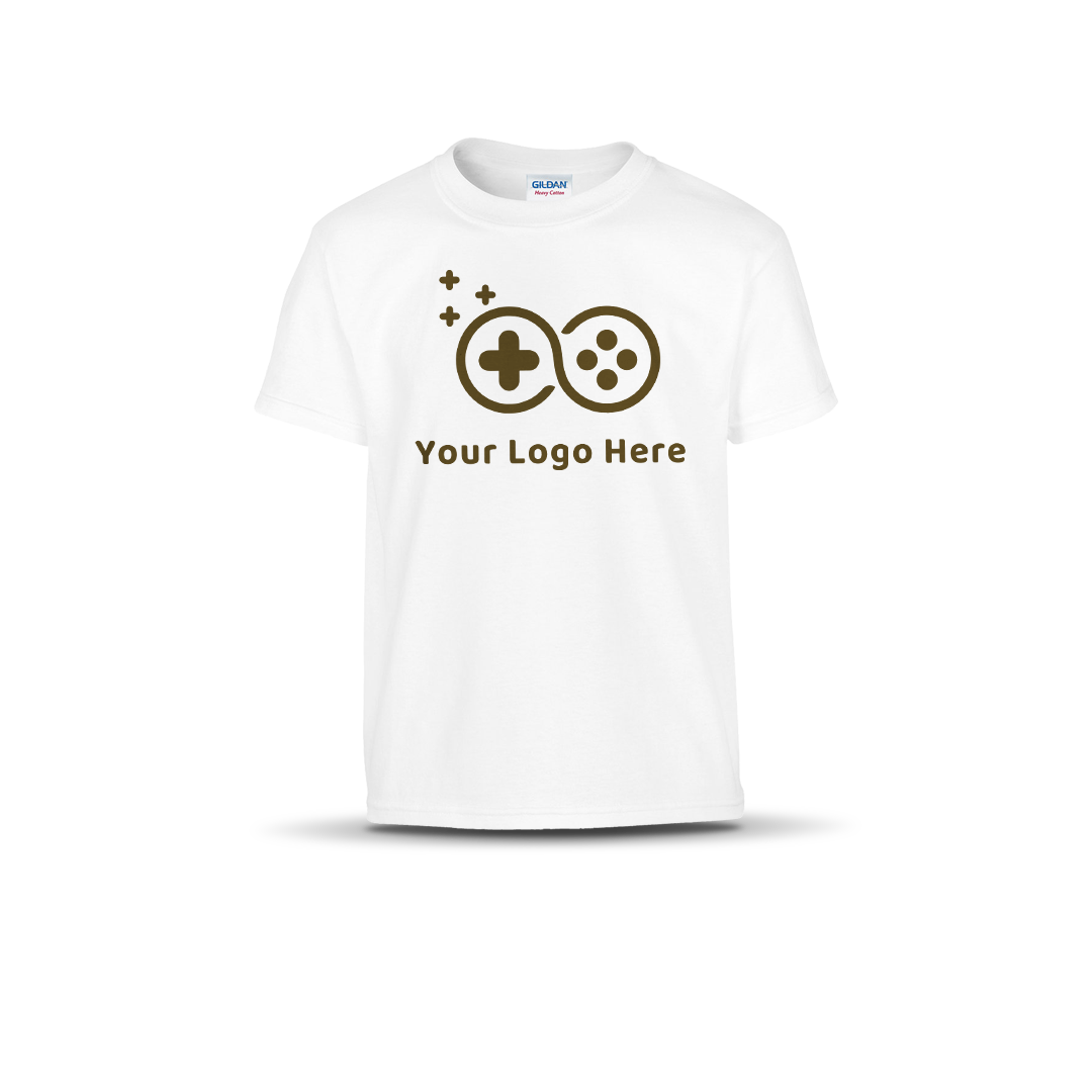 White short-sleeve T-shirt featuring a custom game controller logo and "Your Logo Here" text on the front.
