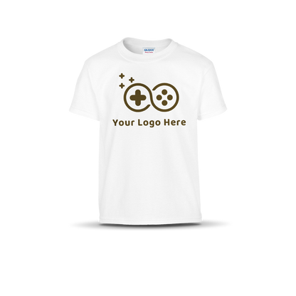 White short-sleeve T-shirt featuring a custom game controller logo and "Your Logo Here" text on the front.