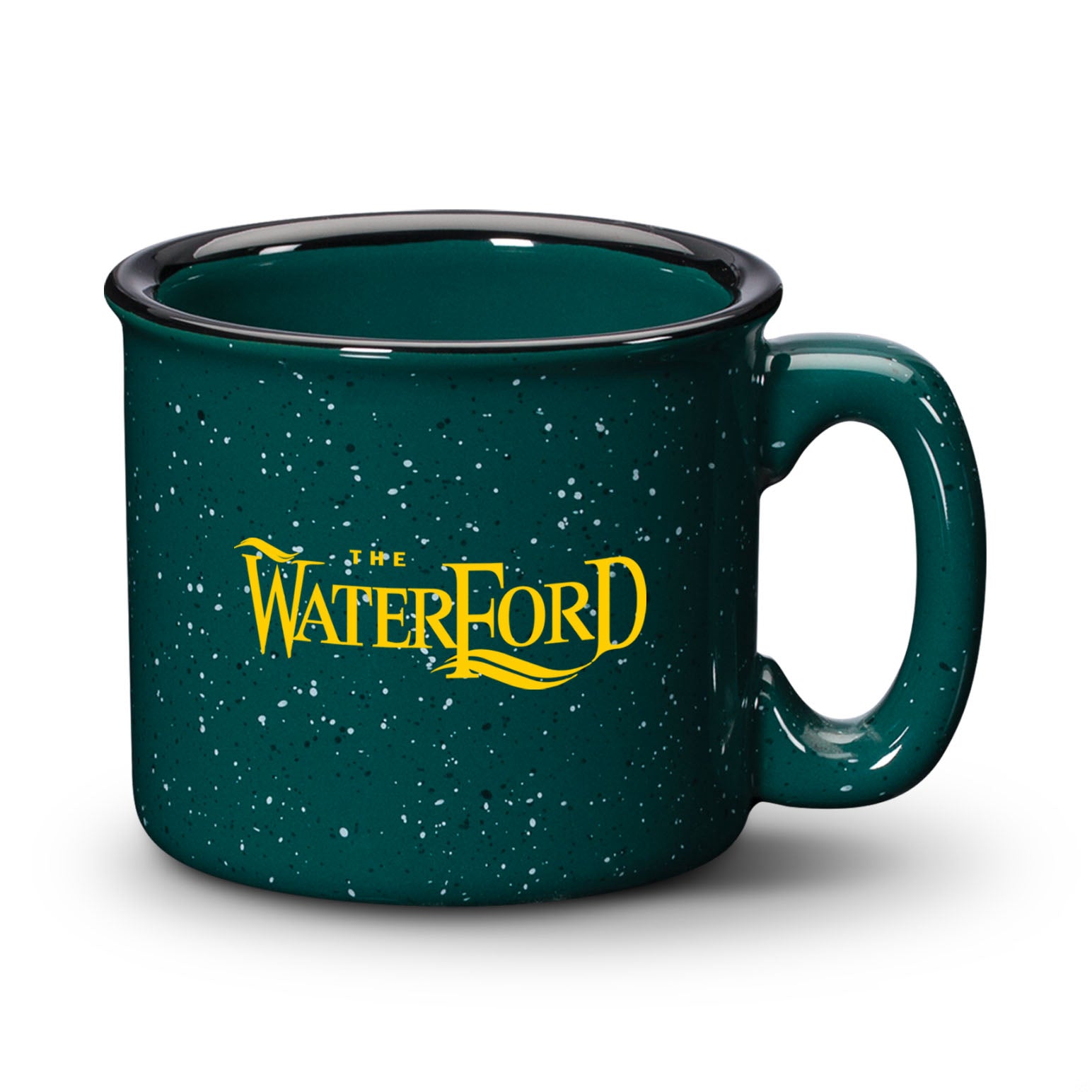 Dark green ceramic campfire mug with a speckled finish, black rim, and “The Waterford” logo in bold yellow print.