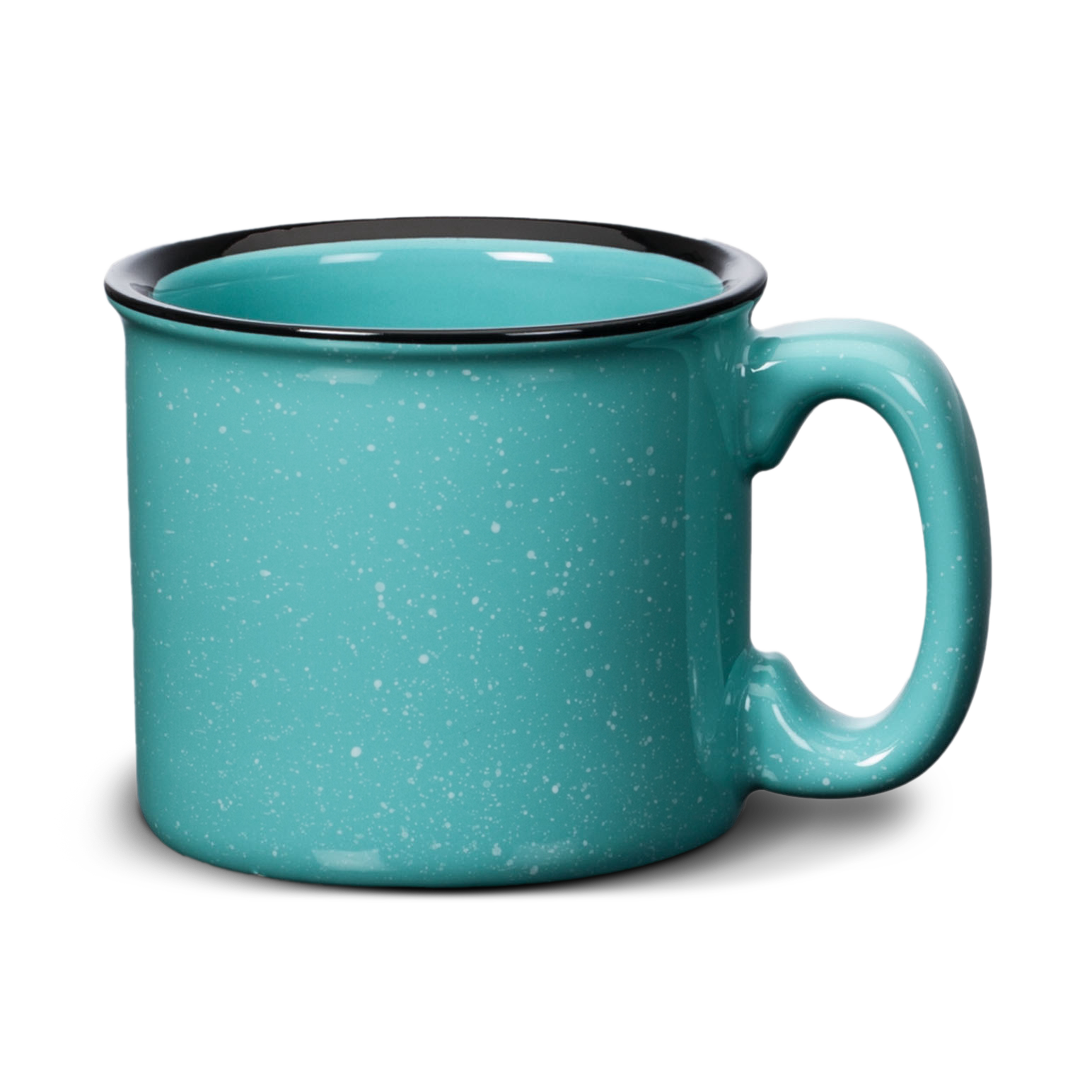 Aqua ceramic campfire mug with a white speckled finish and a glossy black rim, featuring a classic rounded handle.