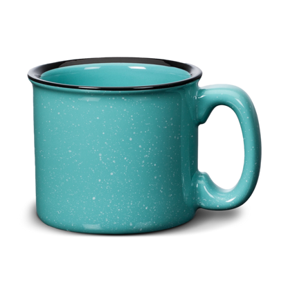 Aqua ceramic campfire mug with a white speckled finish and a glossy black rim, featuring a classic rounded handle.