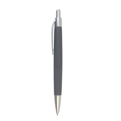 Gray retractable ballpoint pen with silver clip and tip, featuring a minimalist design ideal for custom logo printing.