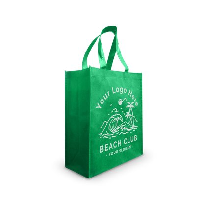 Green reusable tote bag with beach-themed custom logo design.