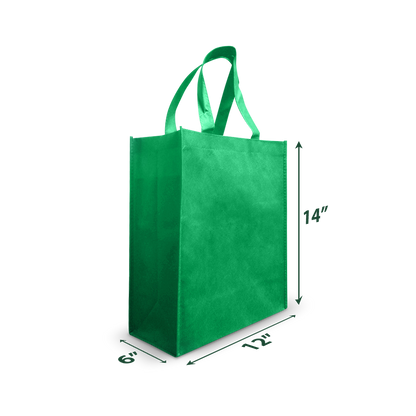 Plain green reusable tote bag with handles, sized approximately 12"W x 8"D x 14"H.