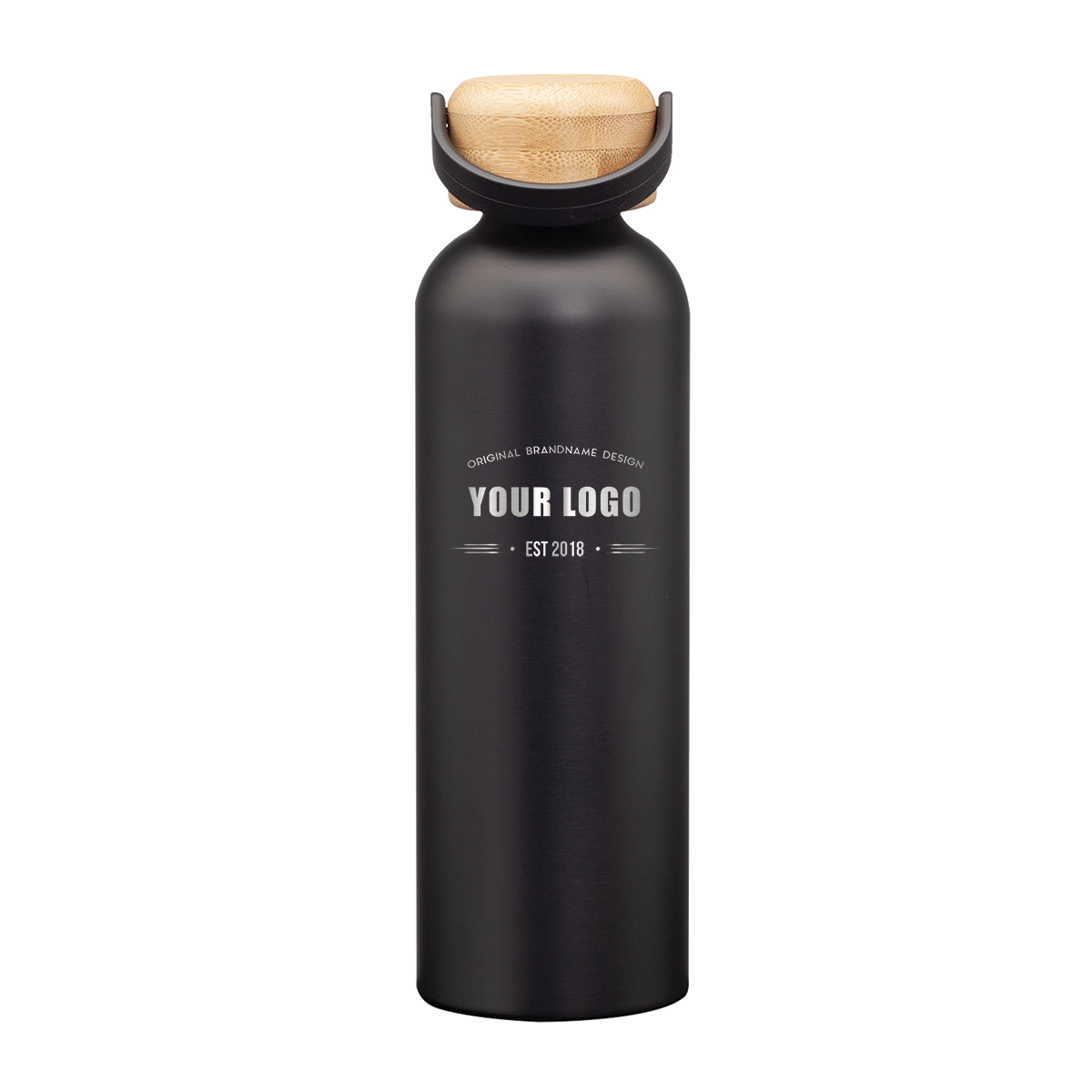 Matte black stainless steel water bottle with bamboo lid and handle, featuring engraved custom logo on front.