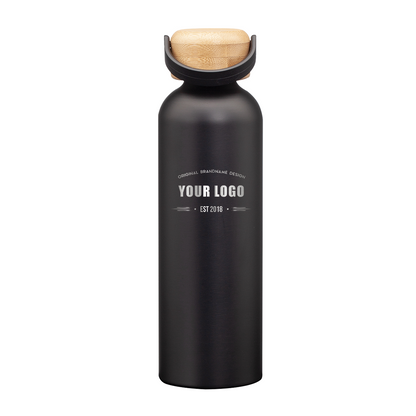 Matte black stainless steel water bottle with bamboo lid and handle, featuring engraved custom logo on front.