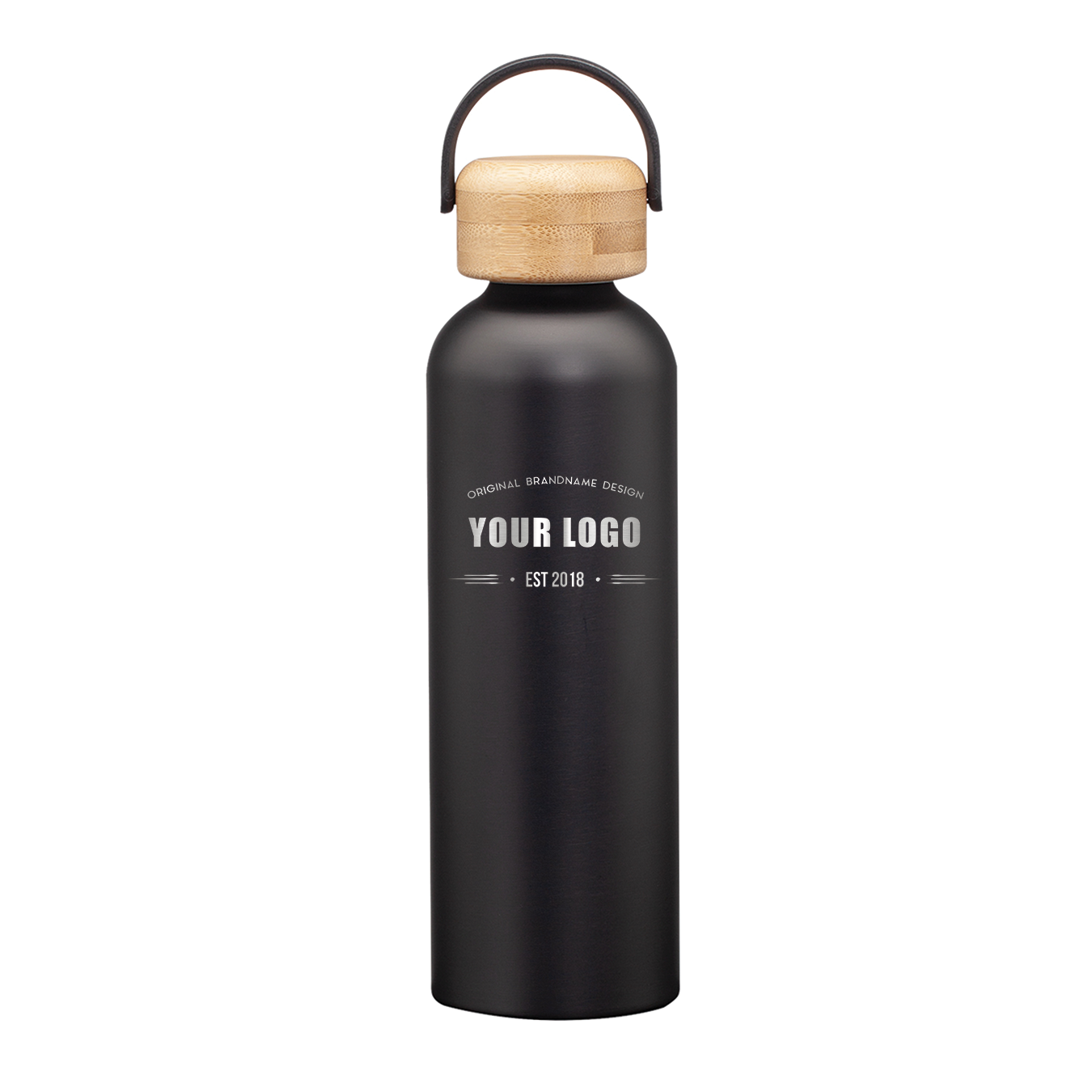Matte black stainless steel water bottle with bamboo lid and handle, featuring engraved custom logo on front.
