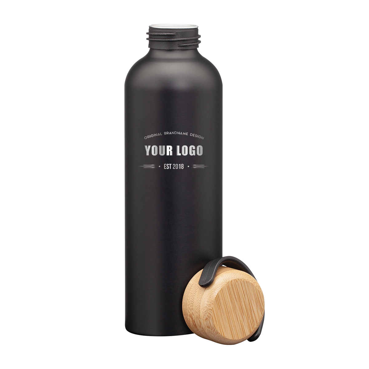Matte black stainless steel water bottle with bamboo lid and handle, featuring engraved custom logo on front.