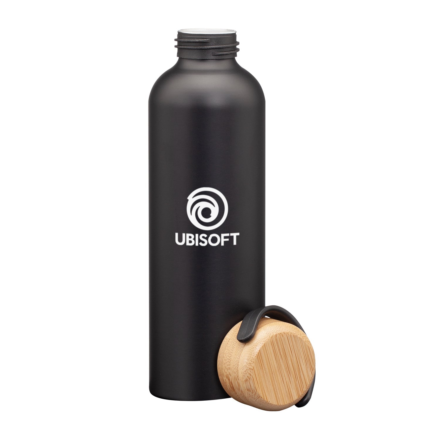 Matte black stainless steel water bottle with detached bamboo lid and black handle, featuring a on the front
