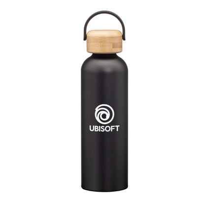 Matte black stainless steel water bottle with a bamboo lid and handle, featuring a logo on the front.
