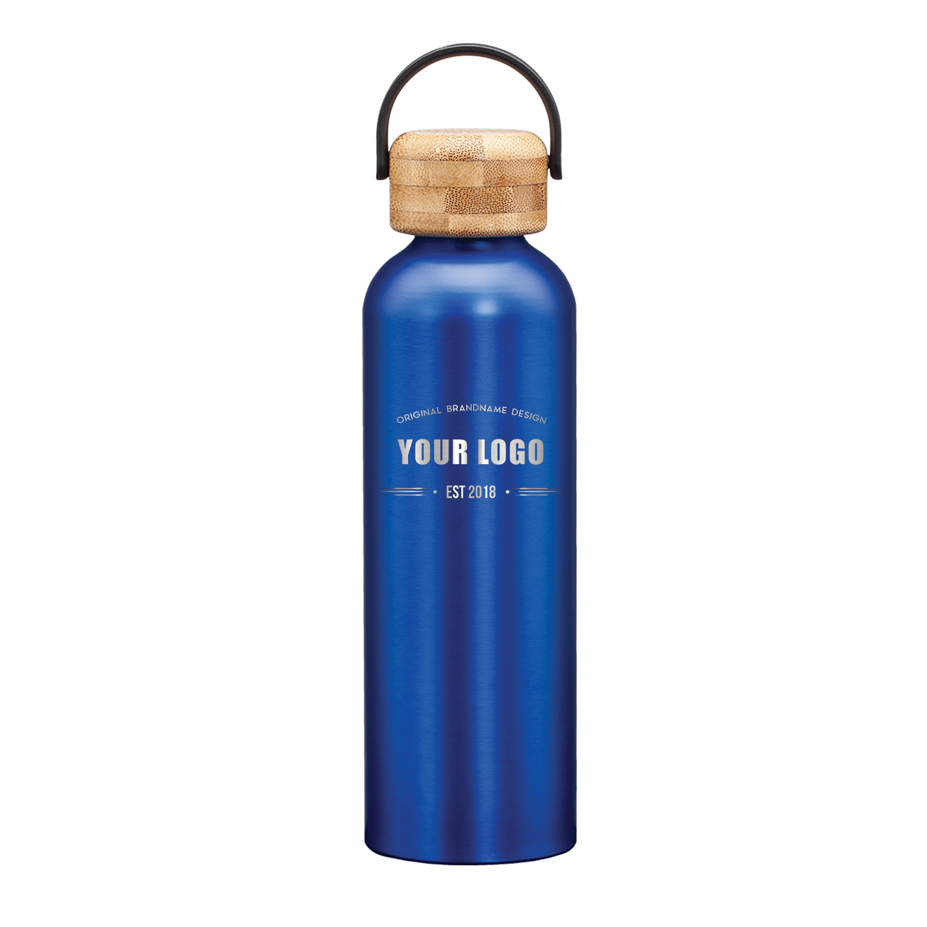 Matte blue stainless steel water bottle with bamboo lid and handle, featuring engraved custom logo on front.