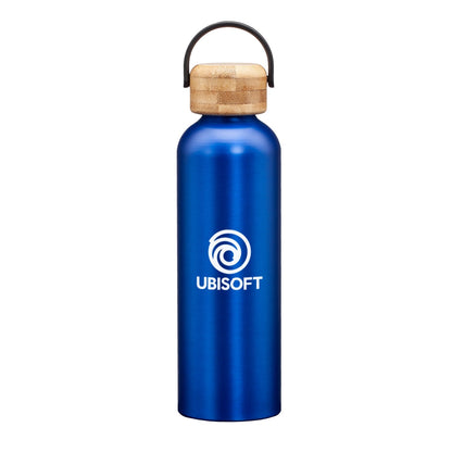 Matte blue stainless steel water bottle with a bamboo lid and handle, featuring a logo on the front.