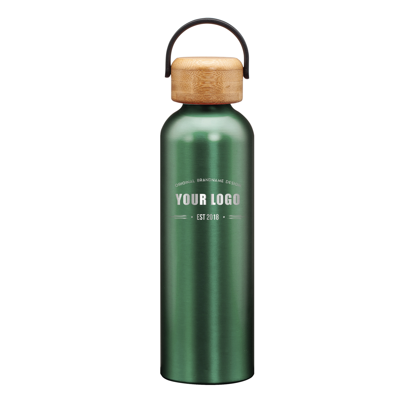 Matte green stainless steel water bottle with bamboo lid and handle, featuring engraved custom logo on front.