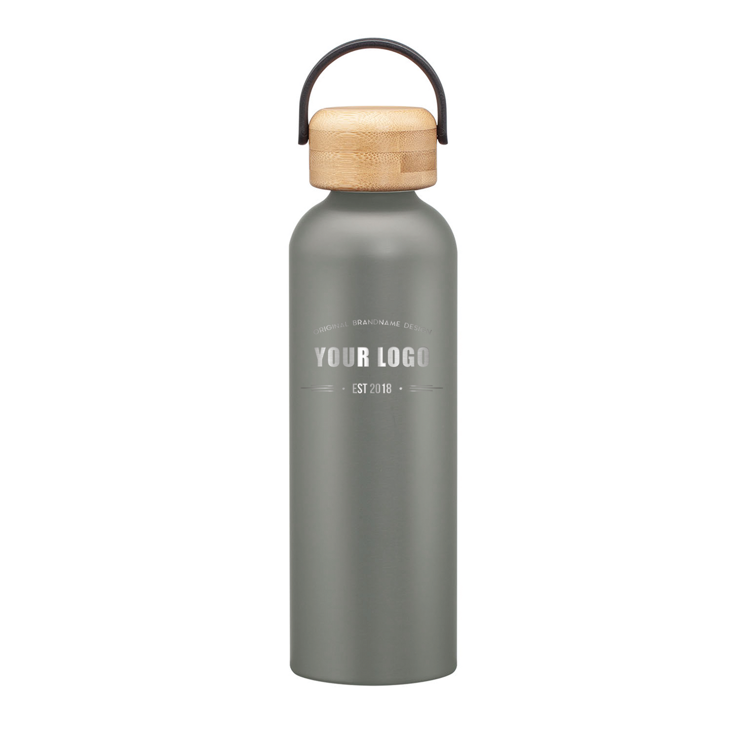 Matte gray stainless steel water bottle with bamboo lid and handle, featuring engraved custom logo on front.