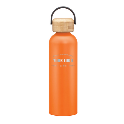 Matte orange stainless steel water bottle with bamboo lid and handle, featuring engraved custom logo on front.
