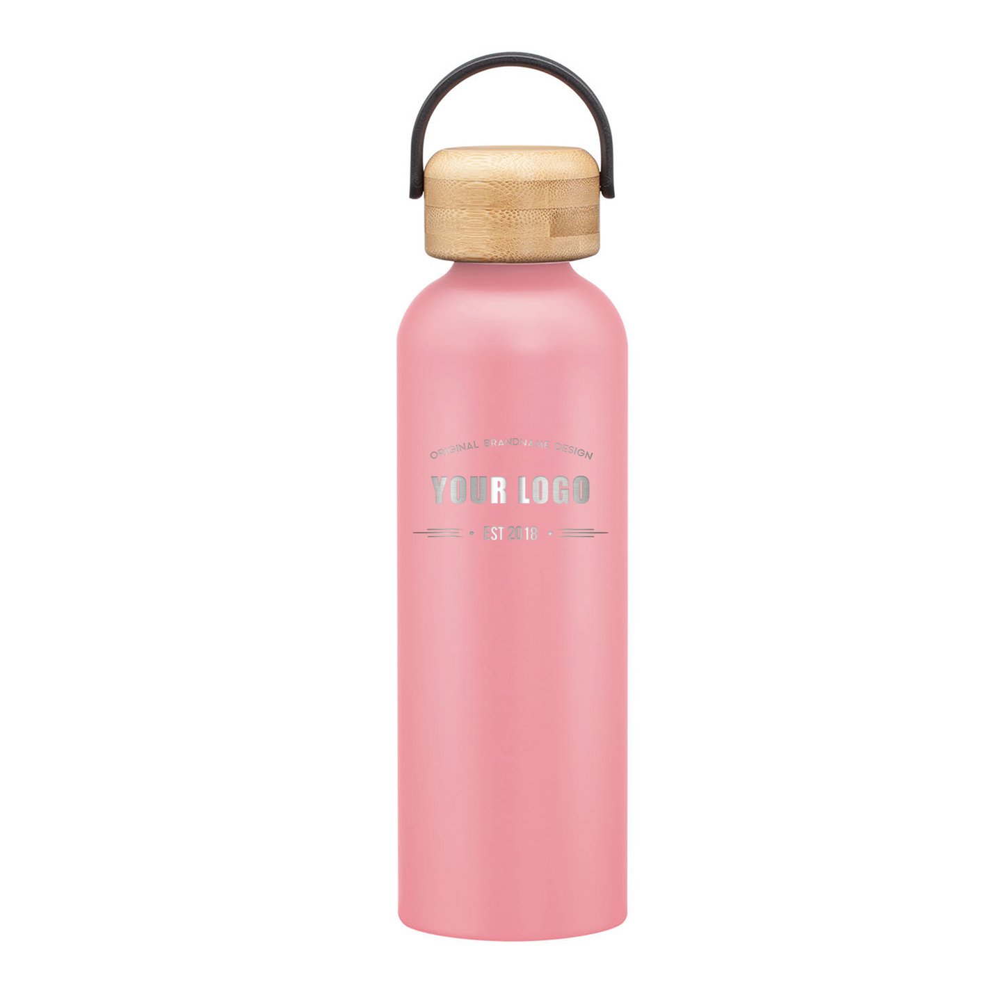 Matte pink stainless steel water bottle with bamboo lid and handle, featuring engraved custom logo on front.