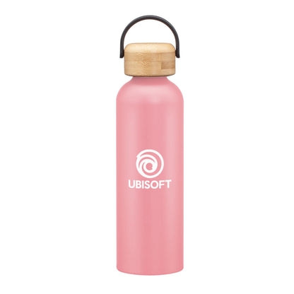 Matte pink stainless steel water bottle with a bamboo lid and handle, featuring a logo on the front.