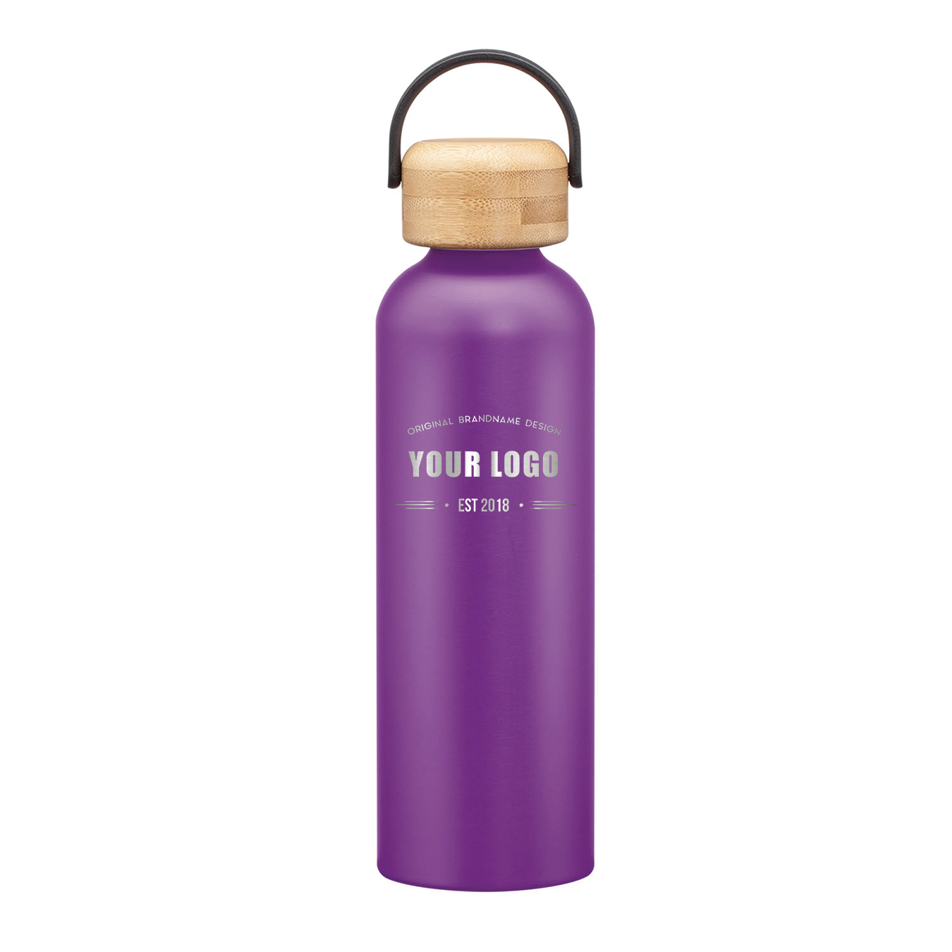 Matte purple stainless steel water bottle with bamboo lid and handle, featuring engraved custom logo on front.