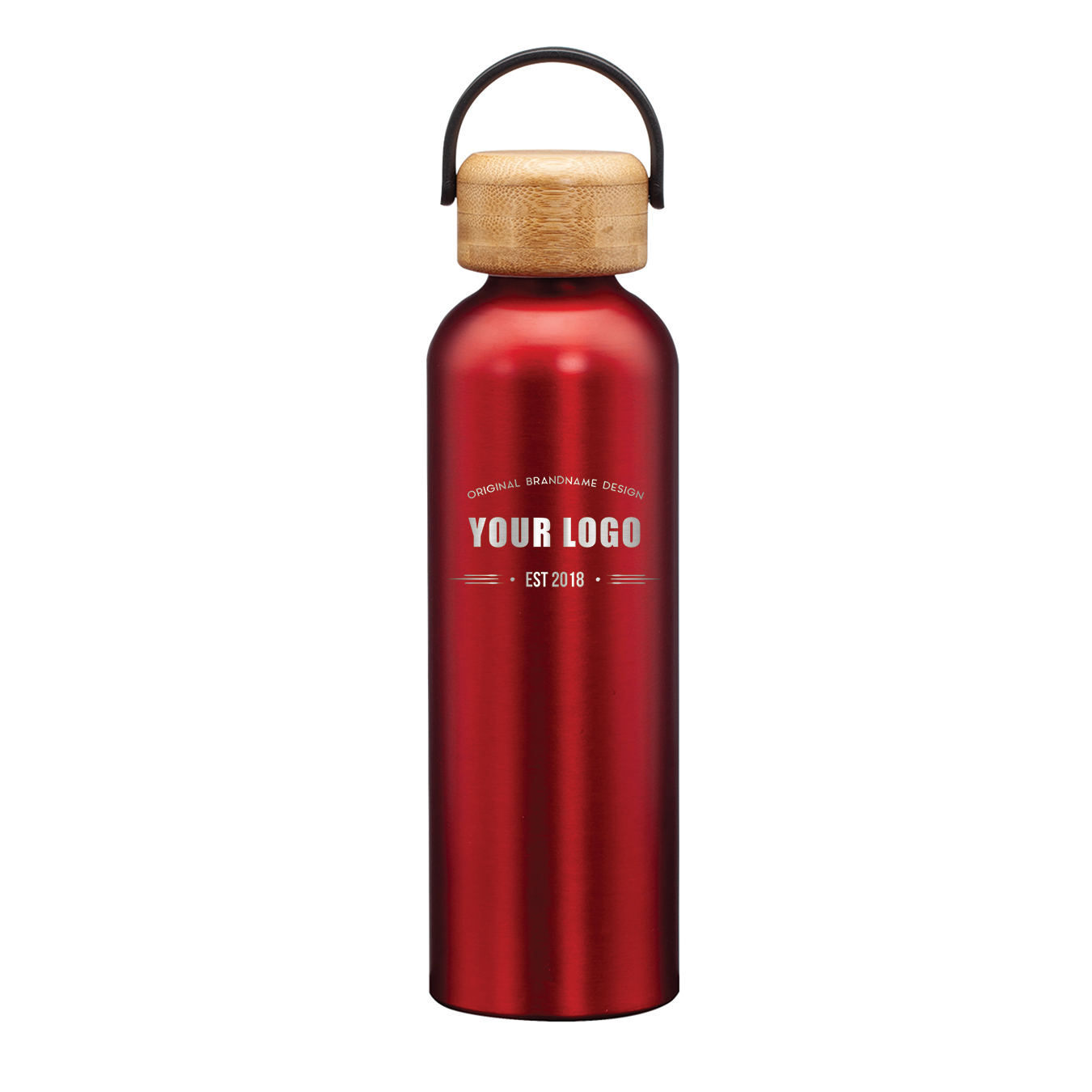 Matte red stainless steel water bottle with bamboo lid and handle, featuring engraved custom logo on front.