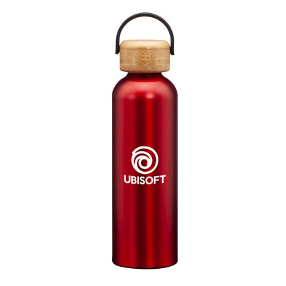 Matte red stainless steel water bottle with a bamboo lid and handle, featuring a logo on the front.