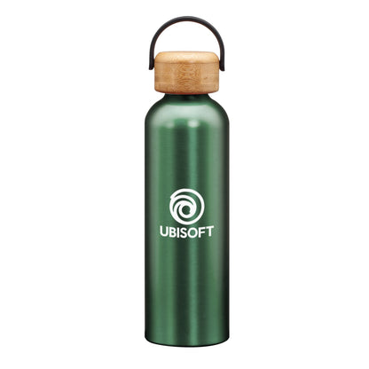 Matte green stainless steel water bottle with a bamboo lid and handle, featuring a logo on the front.