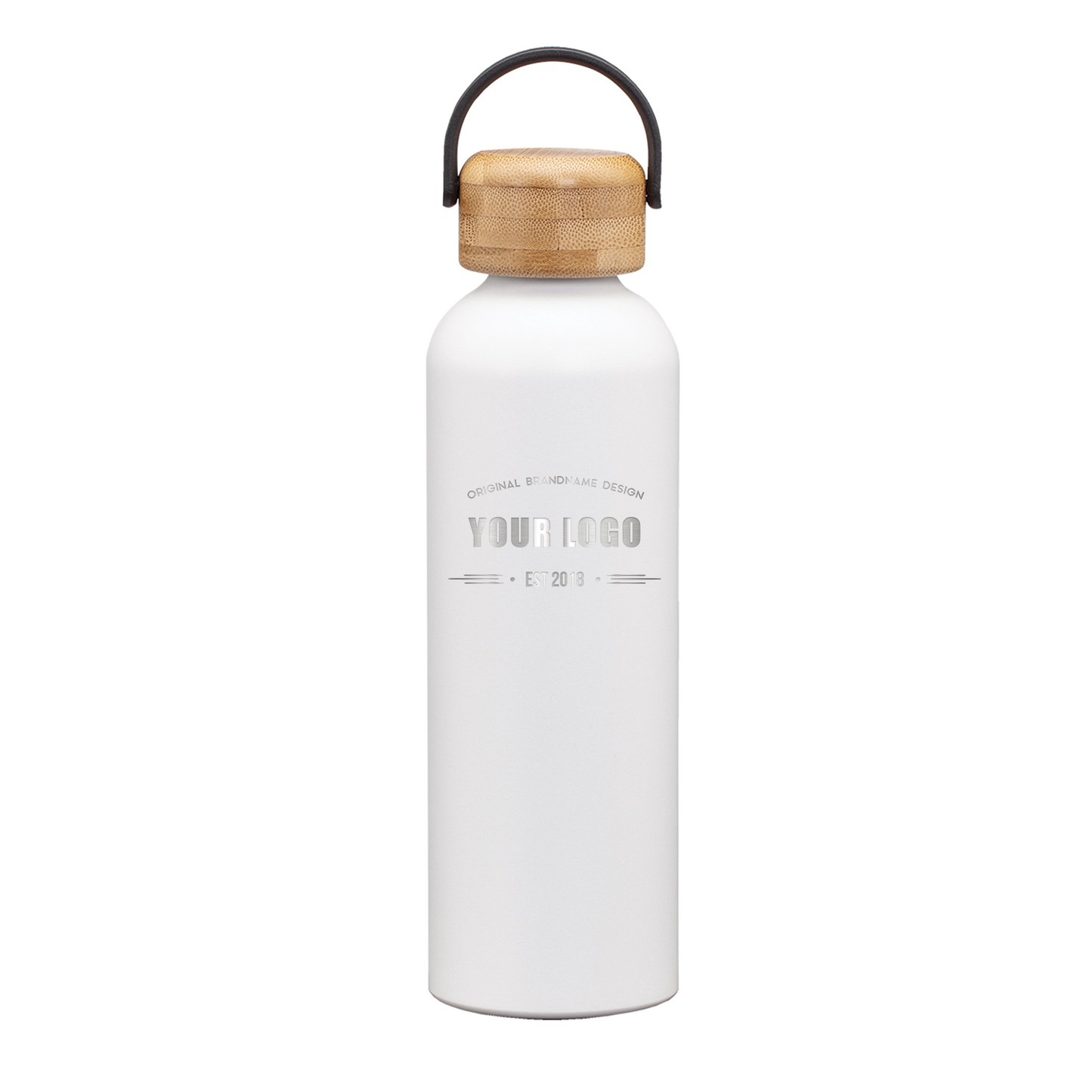 Matte white stainless steel water bottle with bamboo lid and handle, featuring engraved custom logo on front.