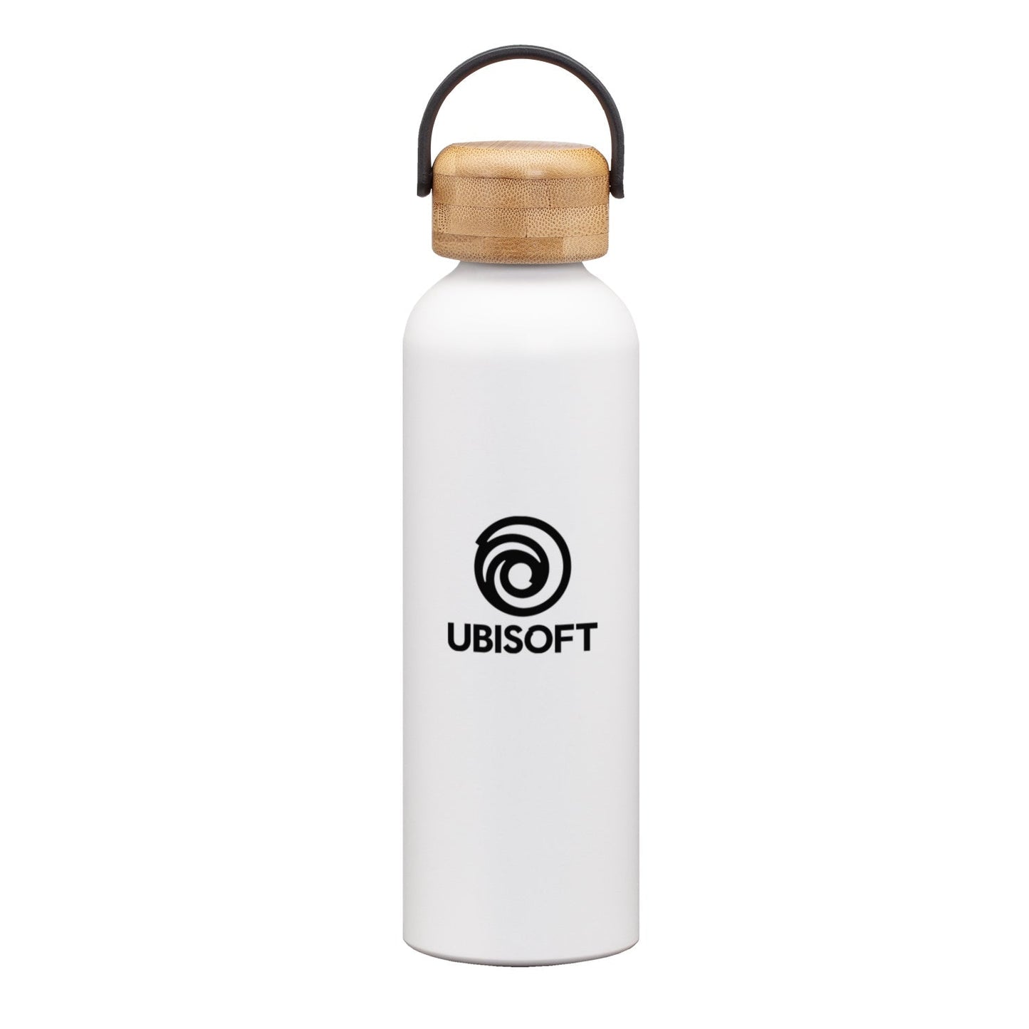 Matte white stainless steel water bottle with a bamboo lid and handle, featuring a logo on the front.