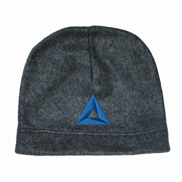 Heather gray hemmed polar fleece beanie featuring a dark blue embroidered triangle logo on the front center.