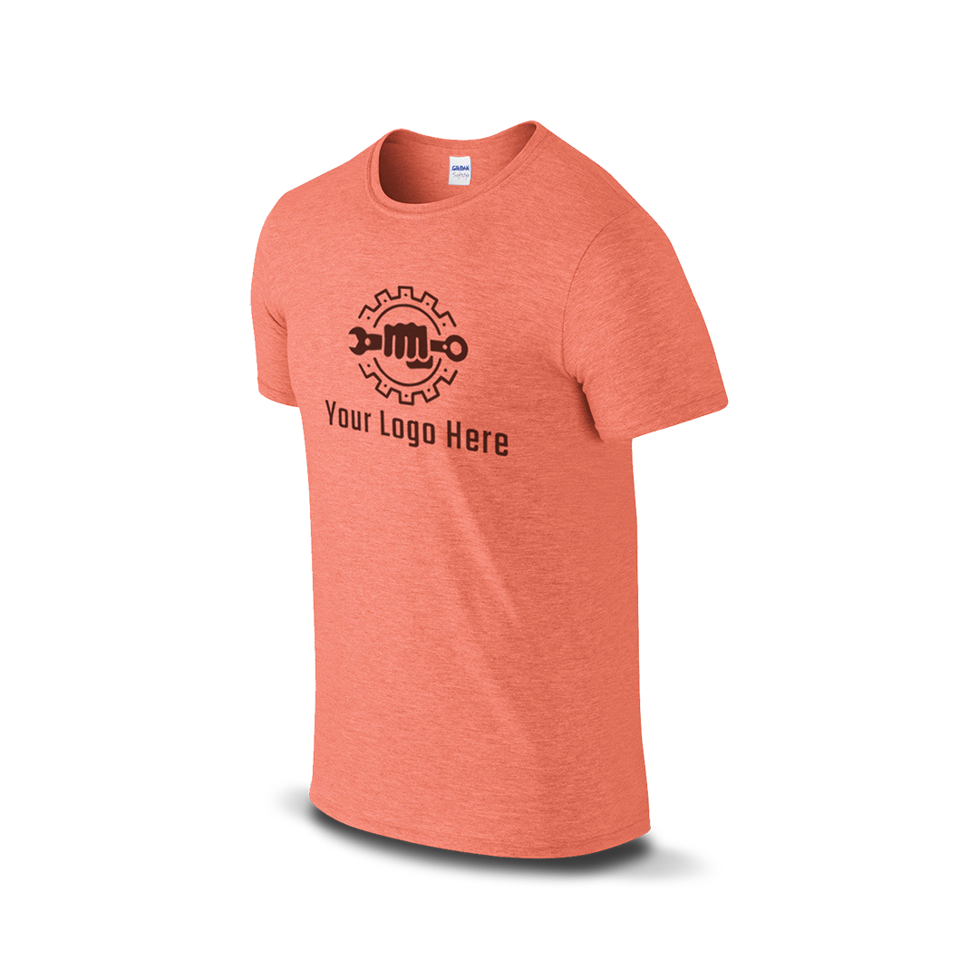 Heather orange Gildan T-shirt with customizable logo and wrench design.