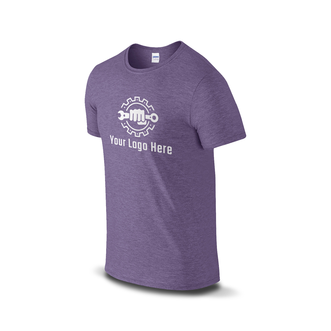Heather purple Gildan T-shirt with customizable logo and wrench design.