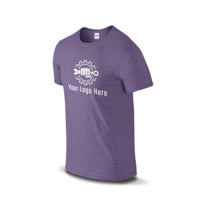 Heather purple Gildan T-shirt with customizable logo and wrench design.