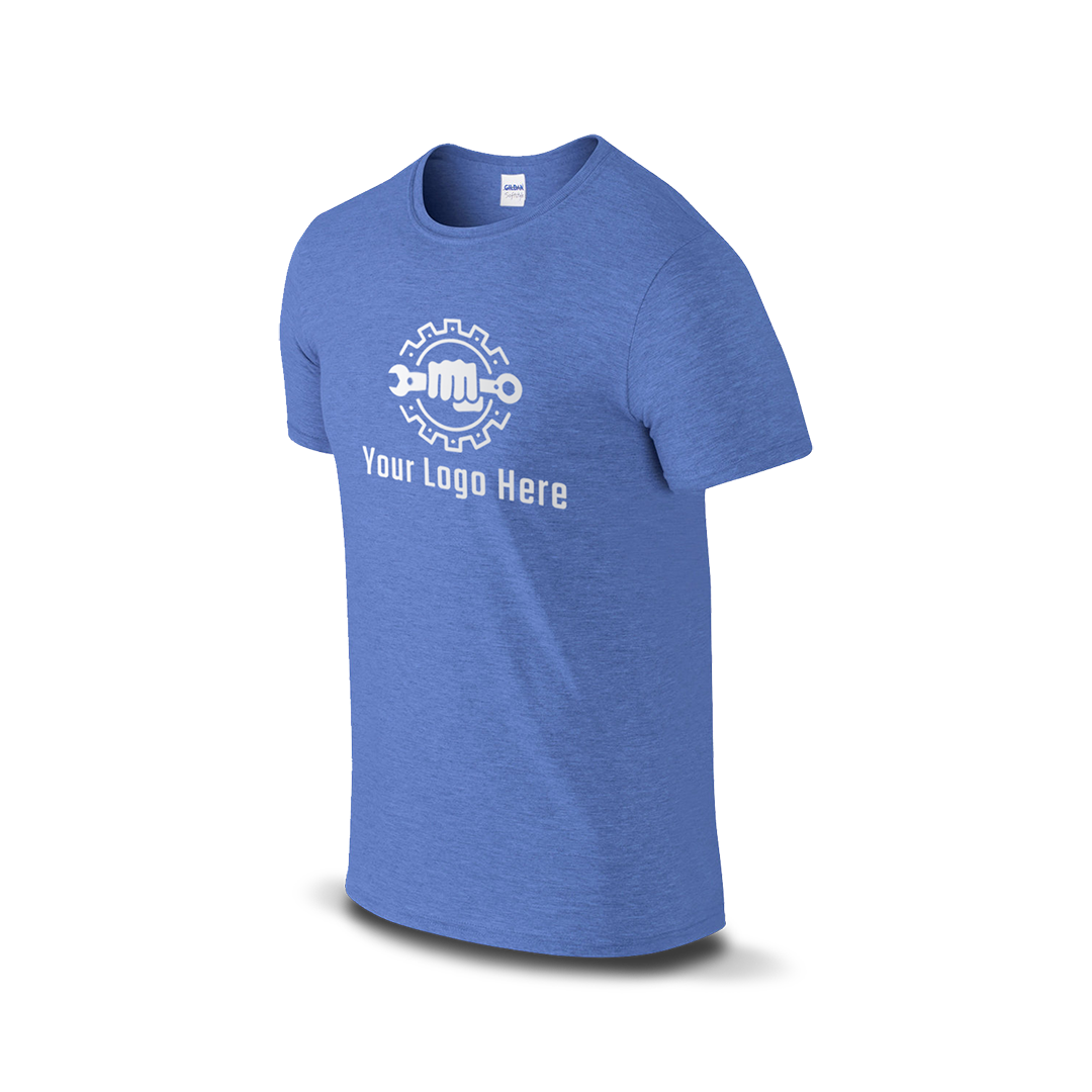 Heather royal Gildan T-shirt with customizable logo and wrench design.