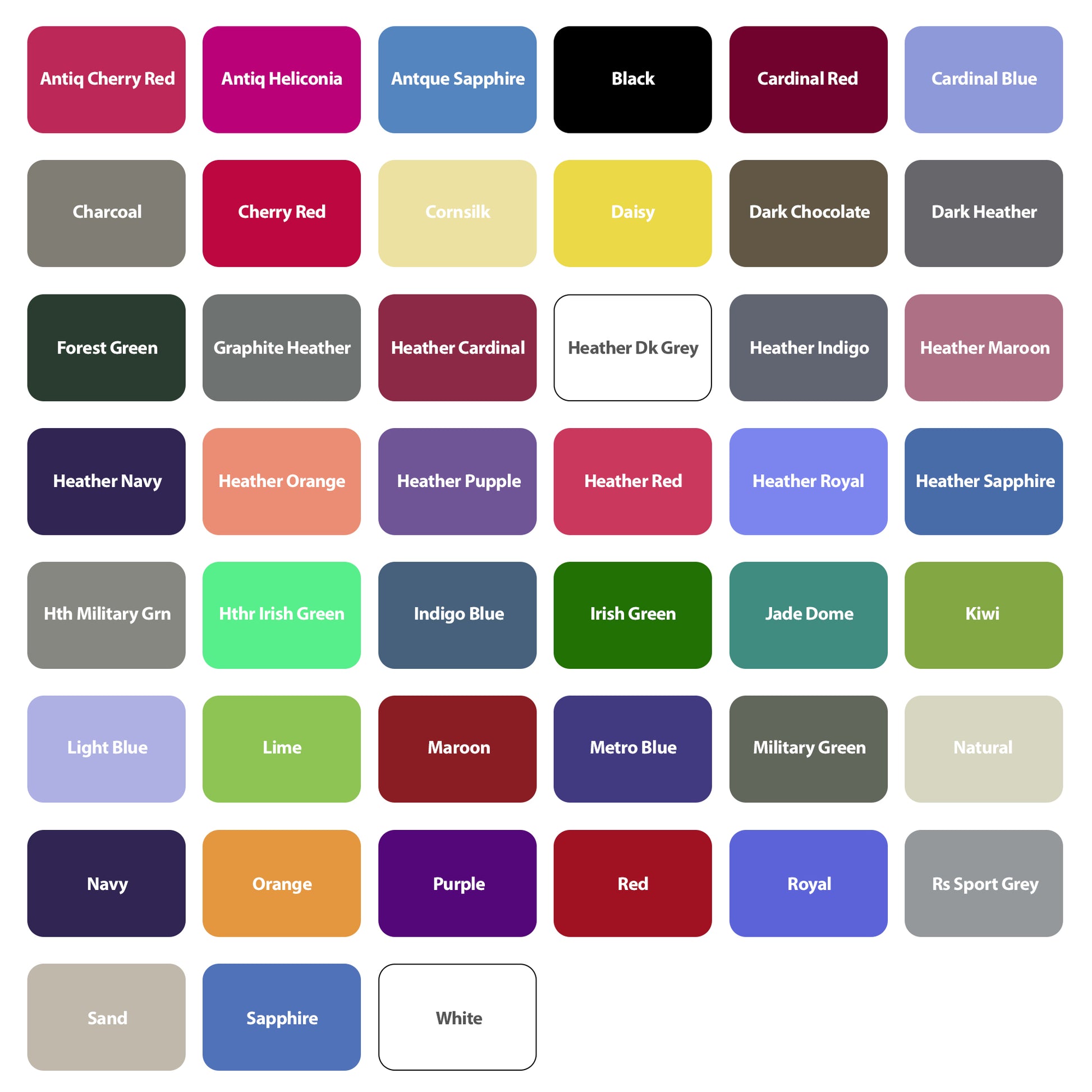 Color chart showing 56 fabric options including Black, White, Navy, Red, Cardinal Red, Heather Grey, and more.