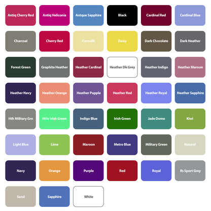 Color chart showing 56 fabric options including Black, White, Navy, Red, Cardinal Red, Heather Grey, and more.