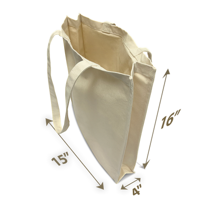 Natural canvas tote bag shown at an angle with dimensions labeled: 15" wide, 16" high, and 4" deep.