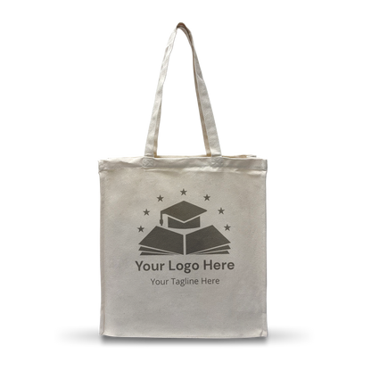 White canvas tote bag with long handles, featuring a placeholder graduation-themed logo and text on the front.