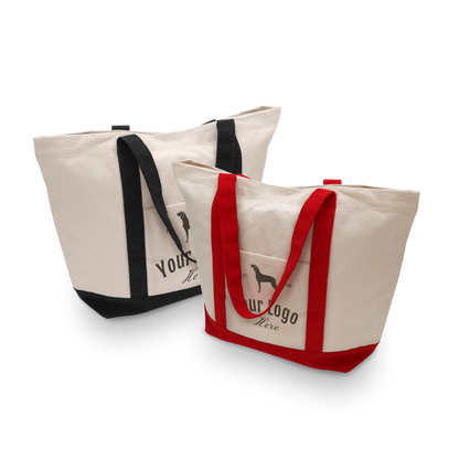 Heavyweight canvas boat totes with colored handles and base, 17”W x 6”D x 15”H.