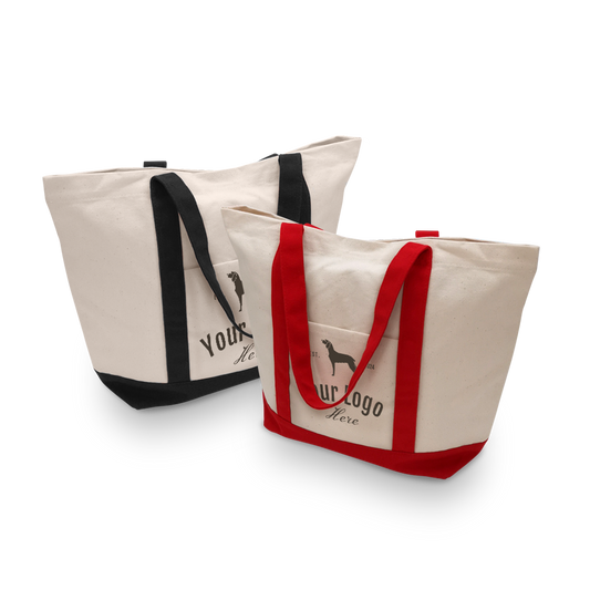 Heavyweight canvas boat totes with colored handles and base, 17”W x 6”D x 15”H.